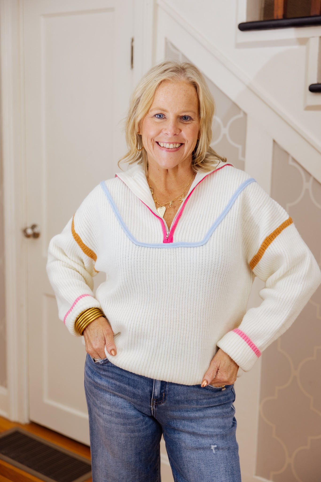 Ivory Multicolor Half Zip Sweater